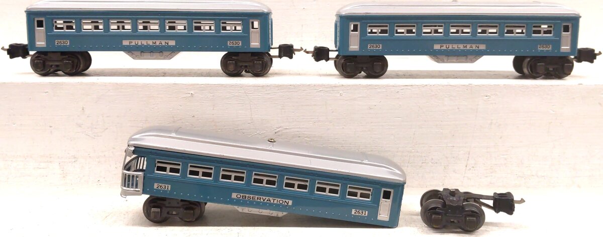 Lionel 2630S Vintage O Prewar Tinplate Blue/Silver Passenger Cars (Set of 3) VG