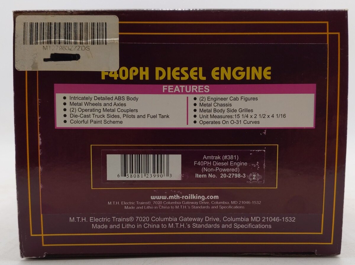 MTH 20-2798-3 Amtrak F40PH Non-Powered Diesel Engine #381 LN/Box