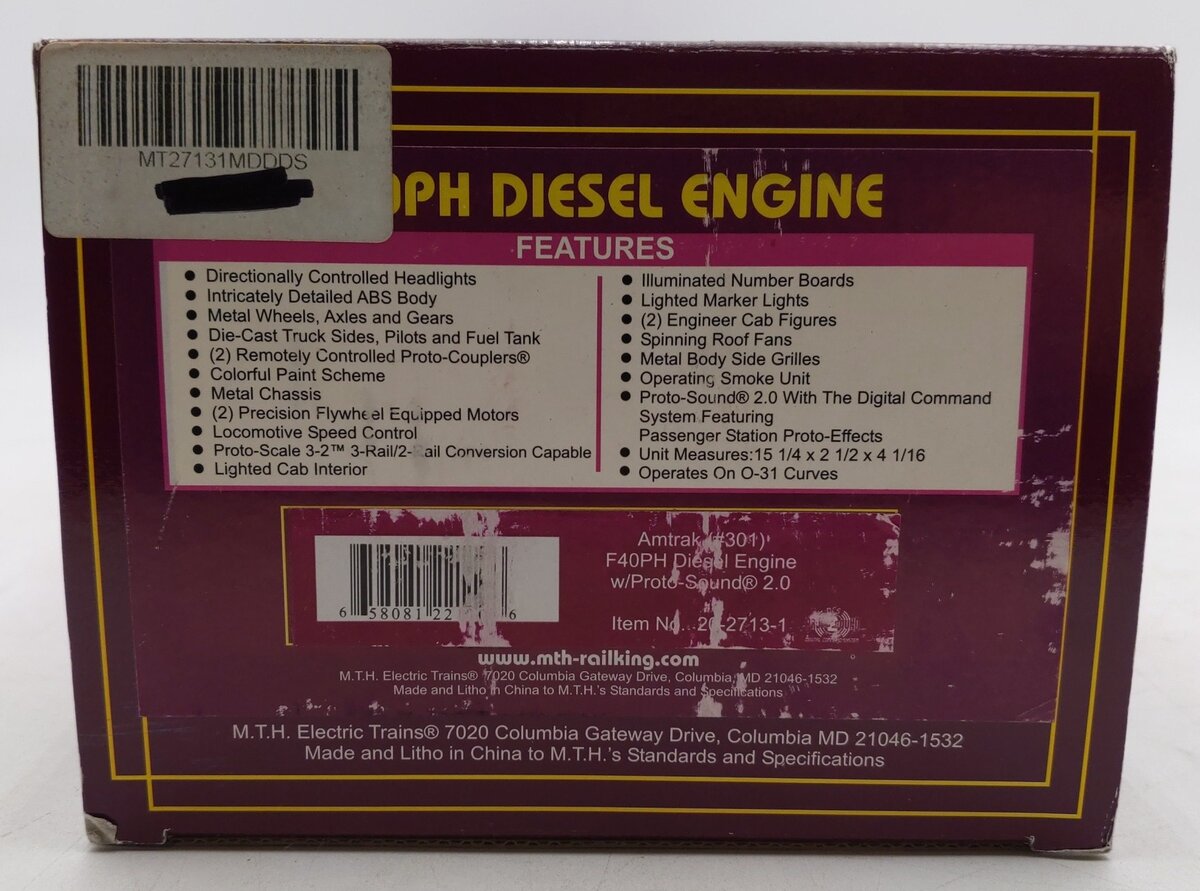 MTH 20-2713-1 Amtrak F40PH Diesel Engine With Proto-Sound 2.0 #299 EX/Box