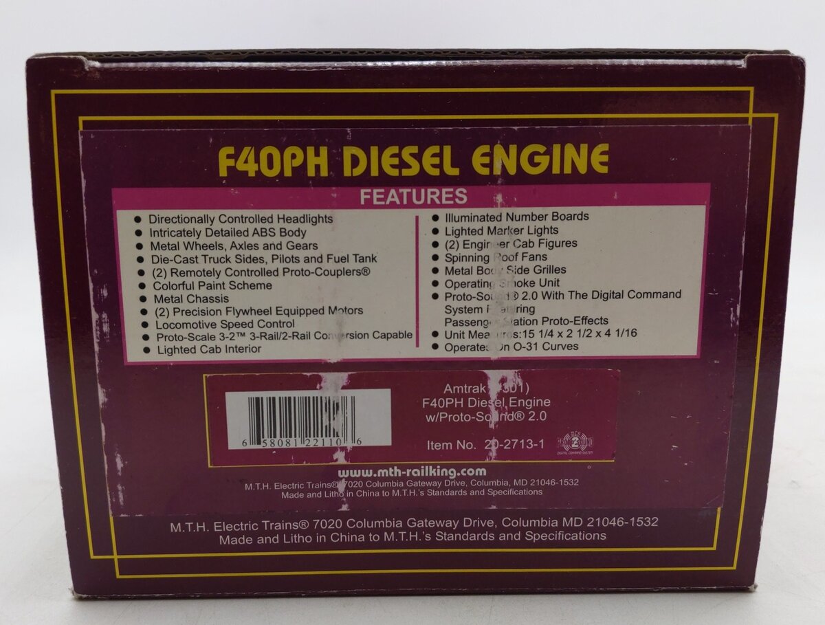 MTH 20-2713-1 Amtrak F40PH Diesel Engine With Proto-Sound 2.0 #299 EX/Box