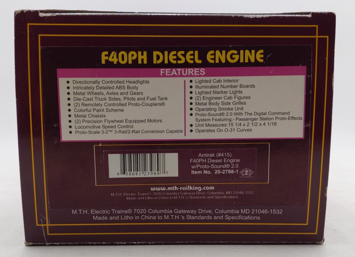MTH 20-2798-1 Amtrak F40PH Diesel Engine w/Proto-Sound 2.0 #415 EX/Box