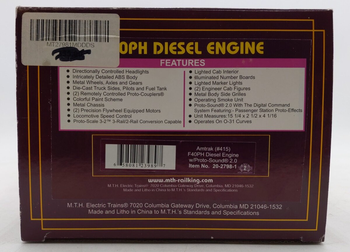 MTH 20-2798-1 Amtrak F40PH Diesel Engine w/Proto-Sound 2.0 #415 EX/Box