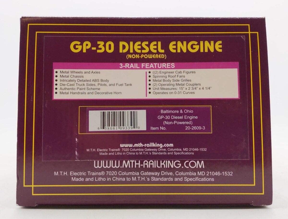 MTH 20-2909-3 O Gauge Baltimore & Ohio GP-30 Diesel Engine (Non-Powered) #6921 EX/Box