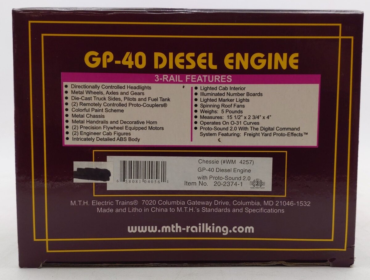 MTH 20-2374-1 O Gauge Weathered Chessie GP-40 Powered Diesel Engine w/PS2 #4257/Box