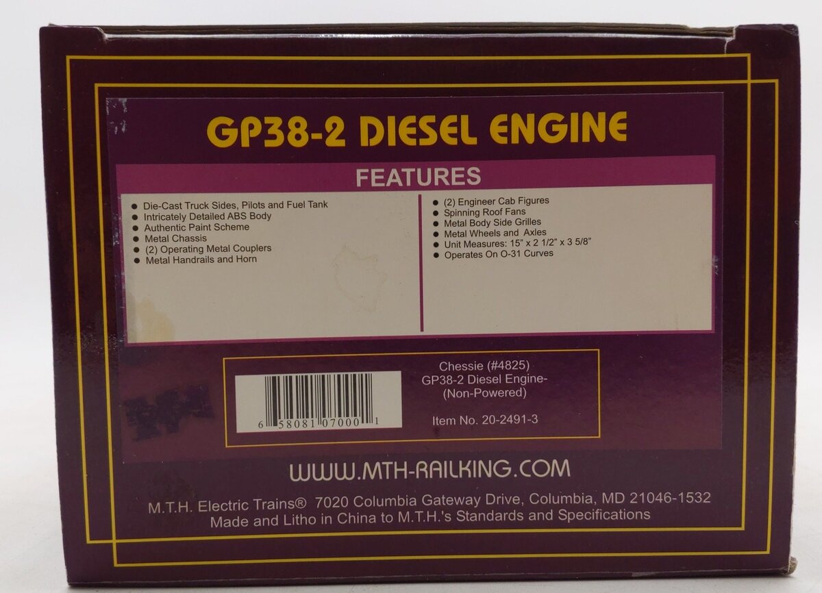 MTH 20-2491-3 Chessie GP38-2 Non-Powered Diesel Engine #4825 EX/Box