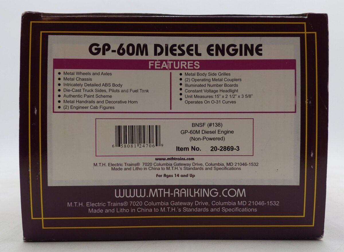 MTH 20-2869-3 BNSF GP-60M Non-Powered Diesel Engine #138 EX/Box