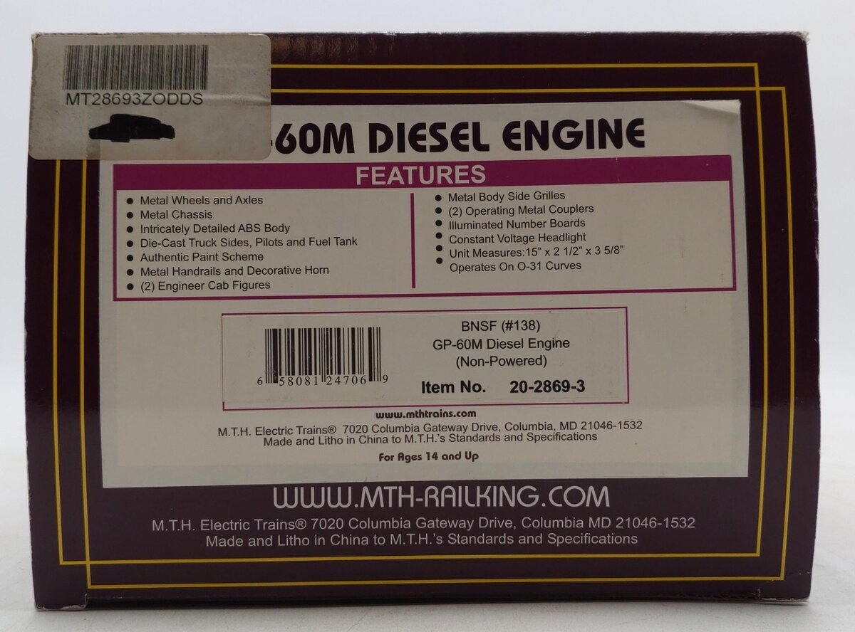 MTH 20-2869-3 BNSF GP-60M Non-Powered Diesel Engine #138 EX/Box