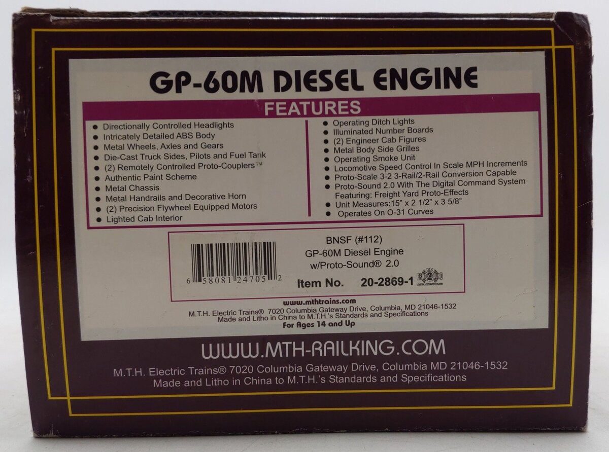 MTH 20-2869-1 O Scale BNSF GP-60M Diesel Engine w/Proto-Sounds 2.0 #112 EX/Box