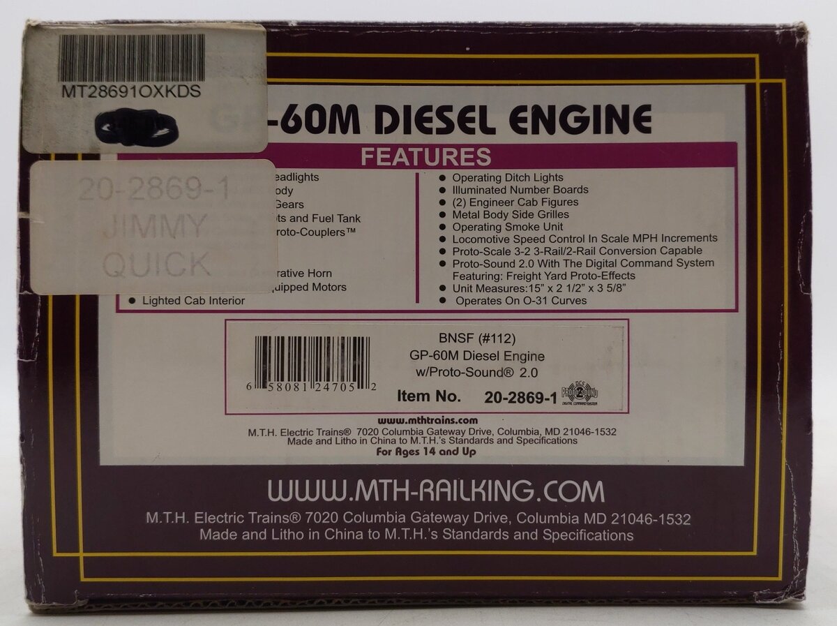 MTH 20-2869-1 O Scale BNSF GP-60M Diesel Engine w/Proto-Sounds 2.0 #112 EX/Box