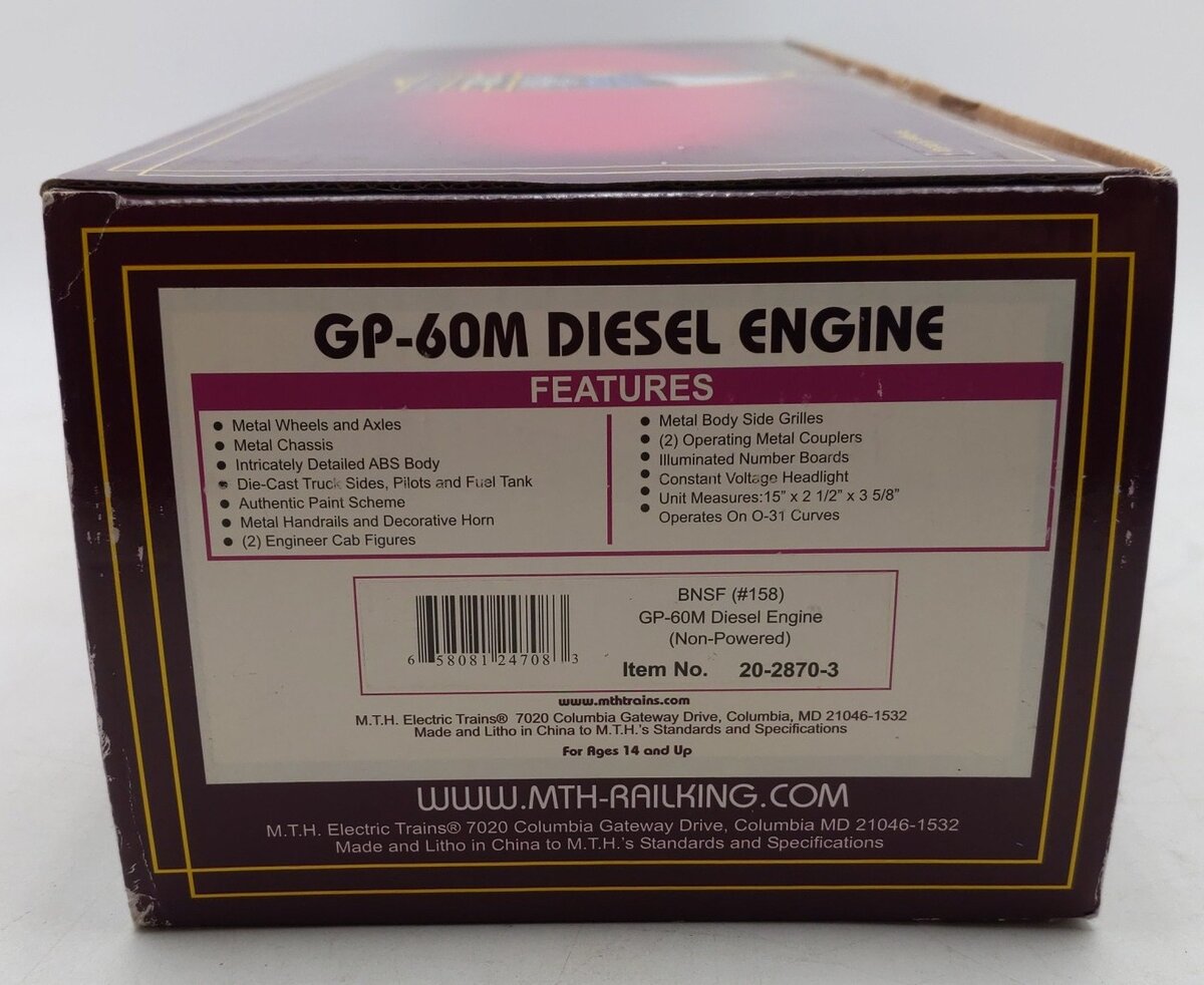 MTH 20-2870-3 BNSF GP-60M Non-Powered Diesel Engine #158 EX/Box