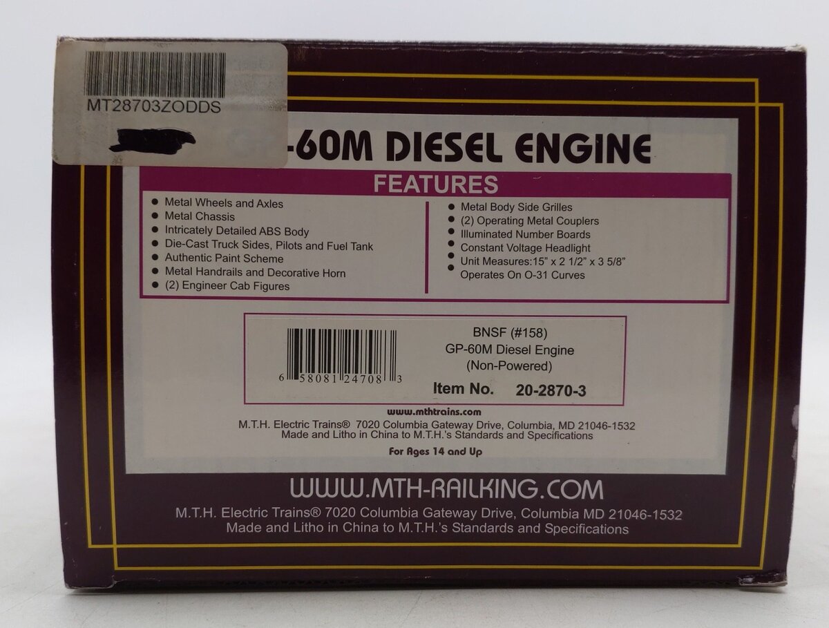 MTH 20-2870-3 BNSF GP-60M Non-Powered Diesel Engine #158 EX/Box