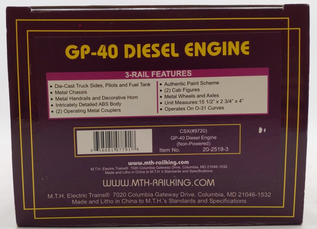 MTH 20-2519-3 Custom Weathered CSX GP-40 Non-Powered Diesel Engine #9720/Box