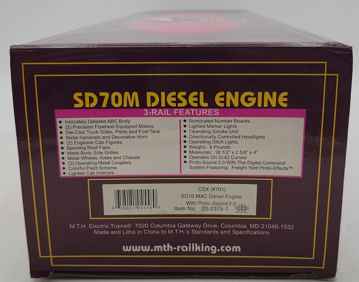 MTH 20-2375-1 SD70 MAC CSX Diesel Engine w/PS2 #701 EX/Box