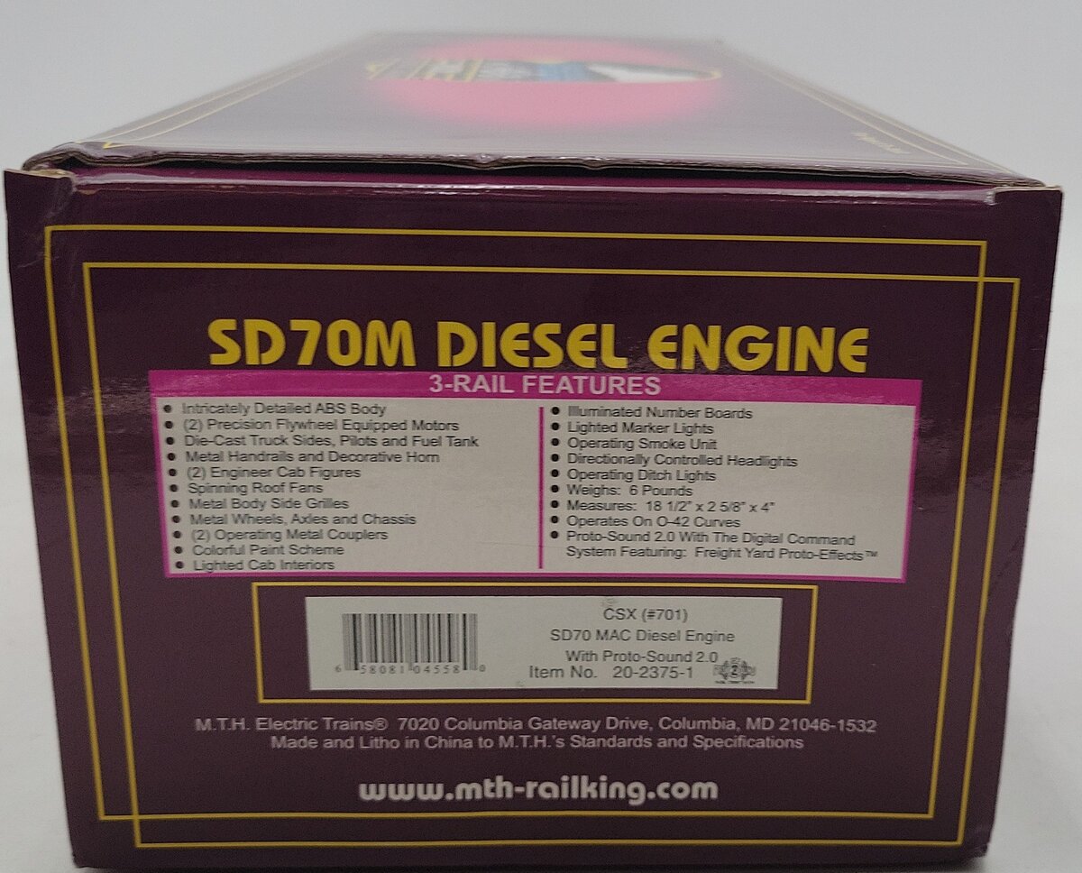 MTH 20-2375-1 SD70 MAC CSX Diesel Engine w/PS2 #701 EX/Box