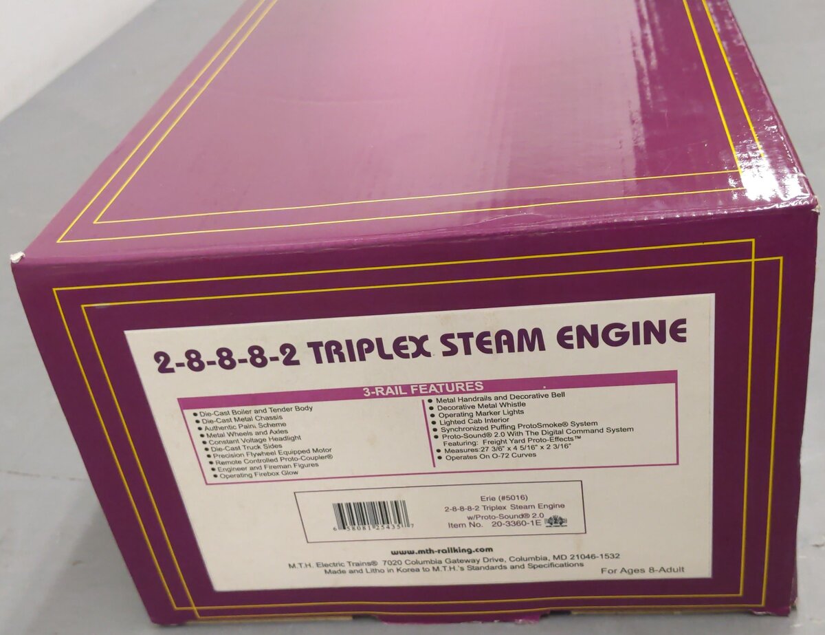 MTH 20-3360-1E O Erie 2-8-8-8-2 Steam Engine & Tender w/PS2 #5016 EX/Box