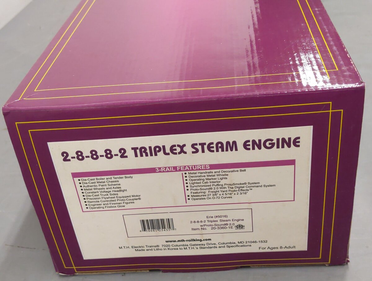 MTH 20-3360-1E O Erie 2-8-8-8-2 Steam Engine & Tender w/PS2 #5016 EX/Box