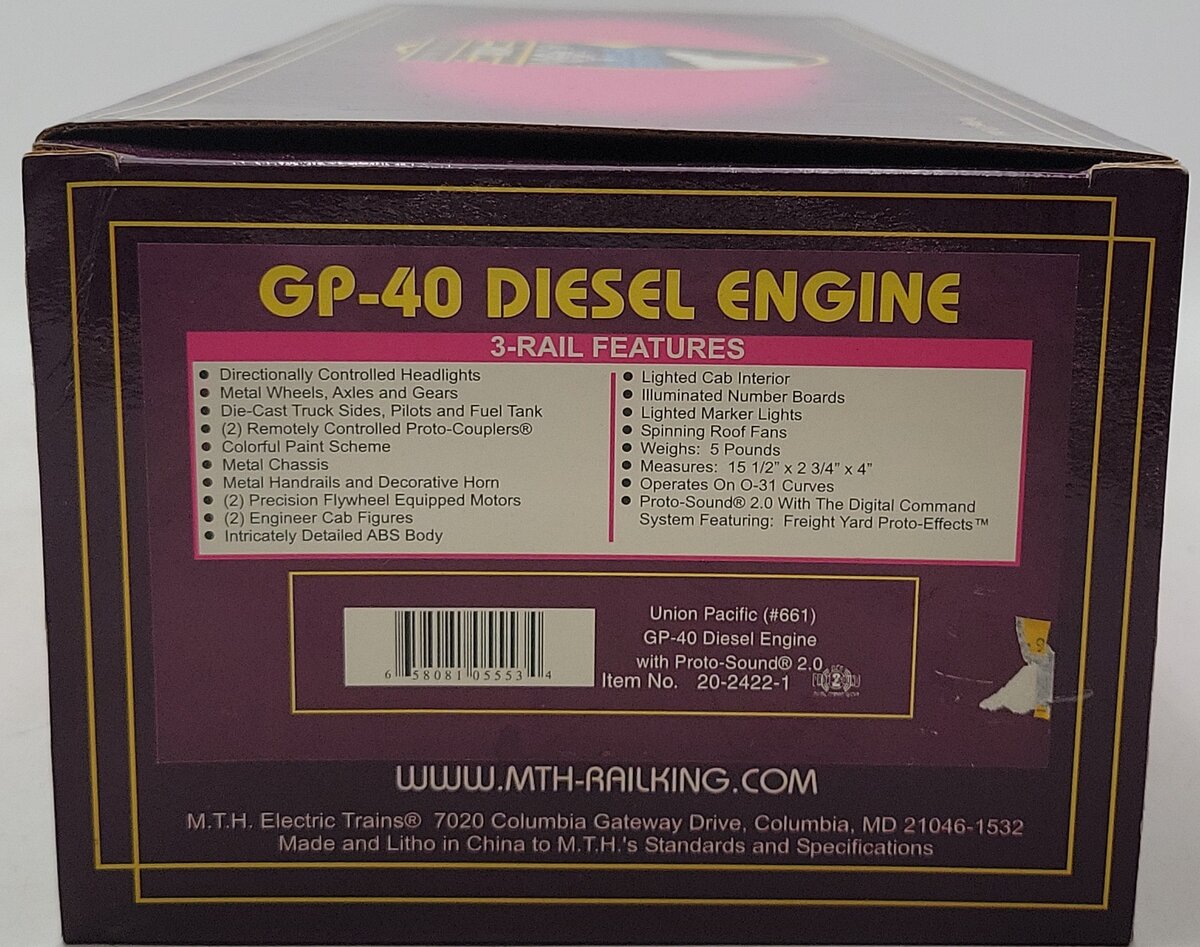 MTH 20-2422-1 Union Pacific GP-40 Diesel Engine w/PS2 #661 -Weathered/Box