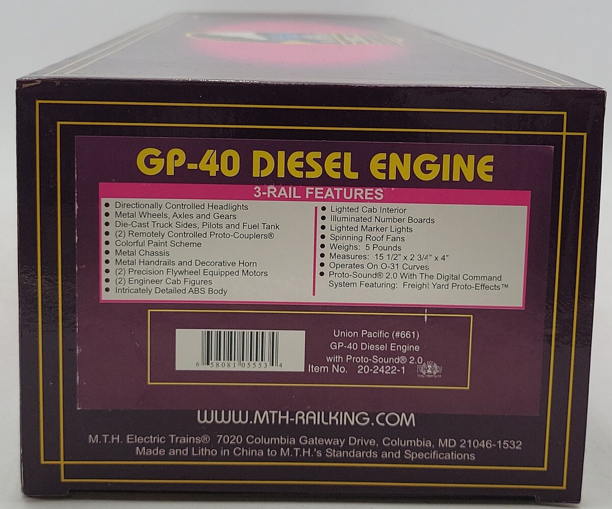 MTH 20-2422-1 Union Pacific GP-40 Diesel Engine w/PS2 #661 -Weathered/Box