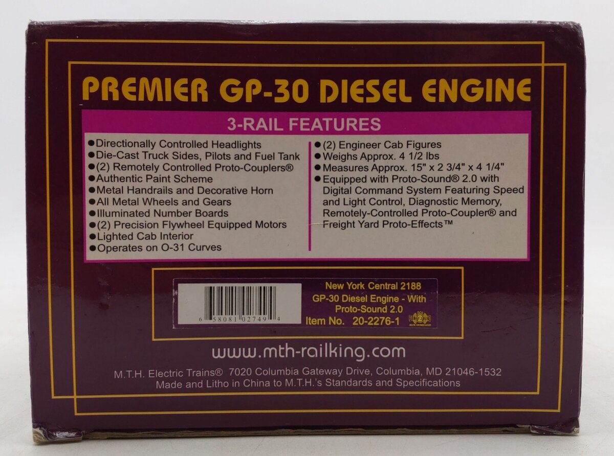 MTH 20-2276-1 O Gauge New York Central GP-30 Diesel Engine w/PS 2.0 #2188O EX/Box