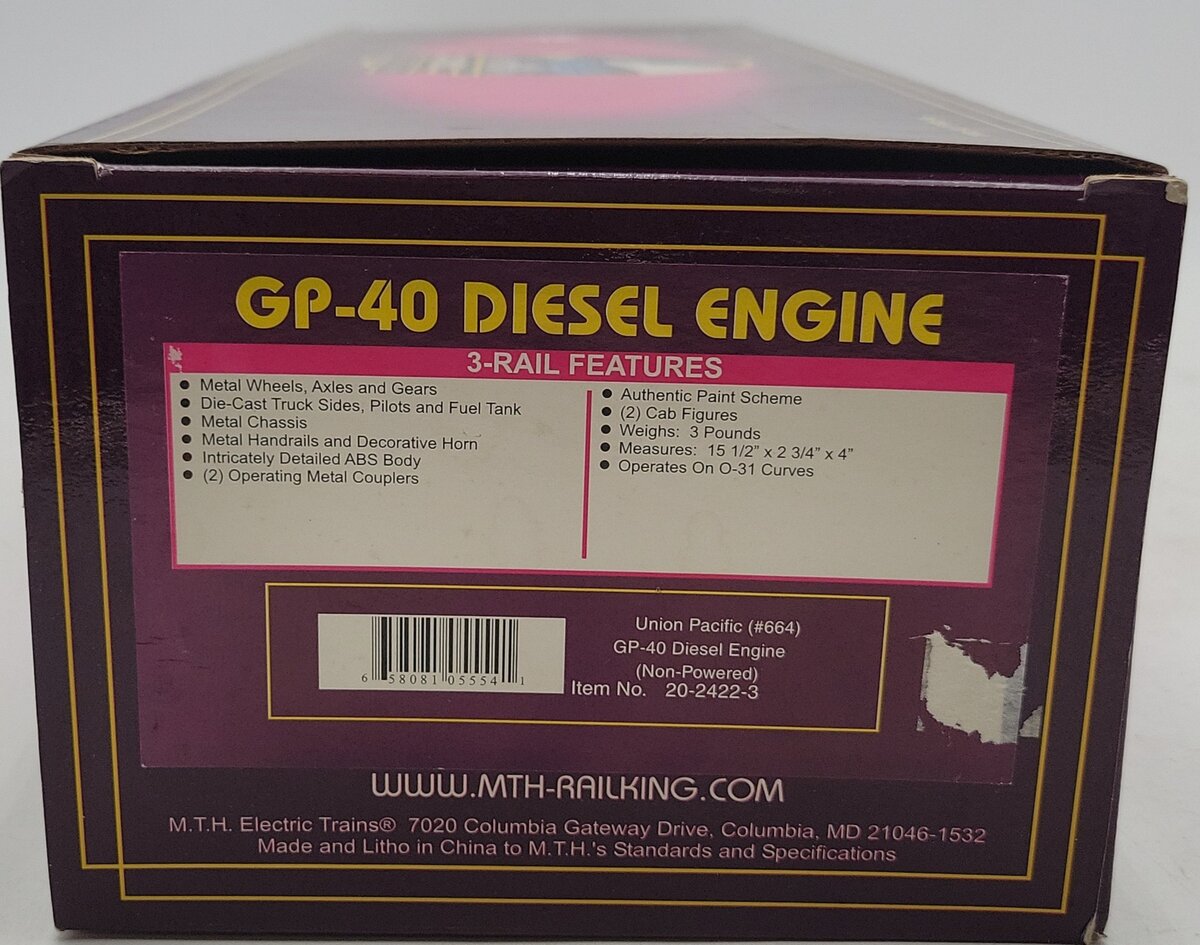 MTH 20-2422-3 Union Pacific GP-40 Non-Powered Diesel Engine #664 LN/Box