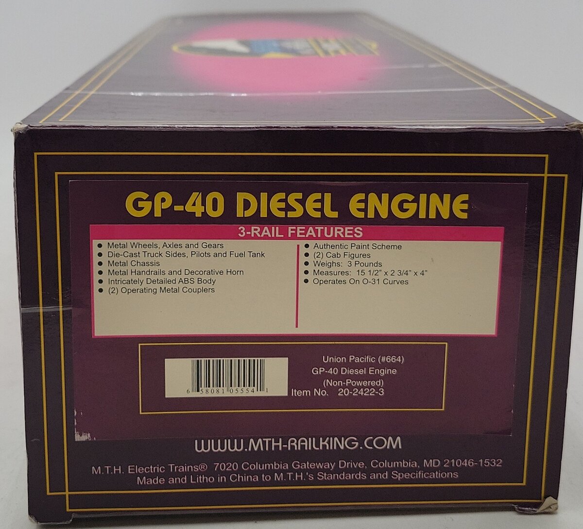 MTH 20-2422-3 Union Pacific GP-40 Non-Powered Diesel Engine #664 LN/Box