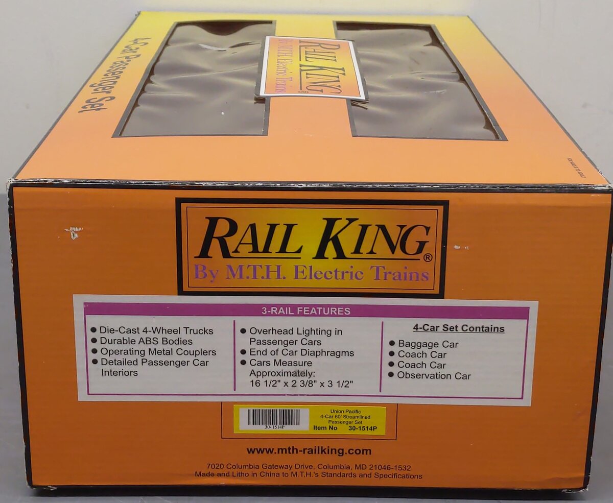 MTH 30-1514P O Union Pacific 4-Car 60' Streamlined Passenger Set LN/Box