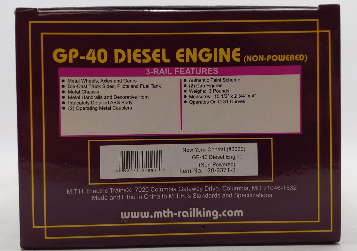 MTH 20-2371-3 New York Central GP-40 Non-Powered Diesel Engine #3030 EX/Box