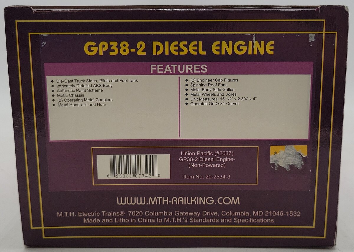 MTH 20-2534-3 O Weathered Union Pacific GP38-2 Non-Powered Diesel Engine #2037/Box