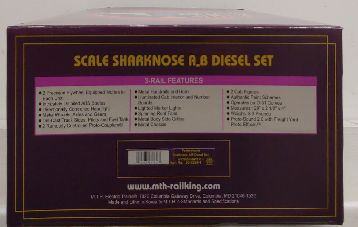 MTH 20-2293-1 O Gauge Pennsylvania Sharknose AB Diesel Engine Set w/PS2 #9711B LN/Box