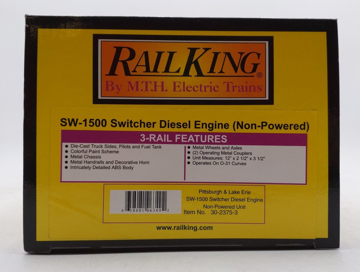 MTH 30-2375-3 O Pittsburgh & Lake Erie SW-1500 Non-Powered Diesel Switcher #1567 EX/Box