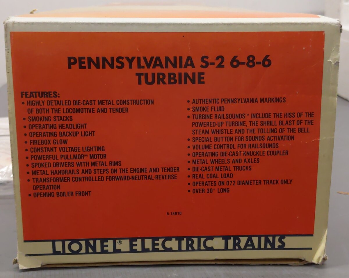 Lionel 6-18010 O PRR 6-8-6 Turbine Steam Locomotive & Tender with RS #6200 EX/Box