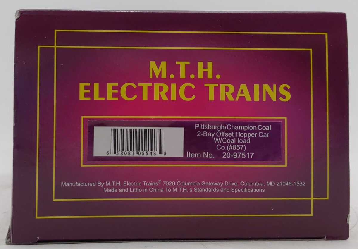 MTH 20-97517 O Pittsburgh/Champion 2-Bay Offset Hopper Car w/Coal Load #857 LN/Box