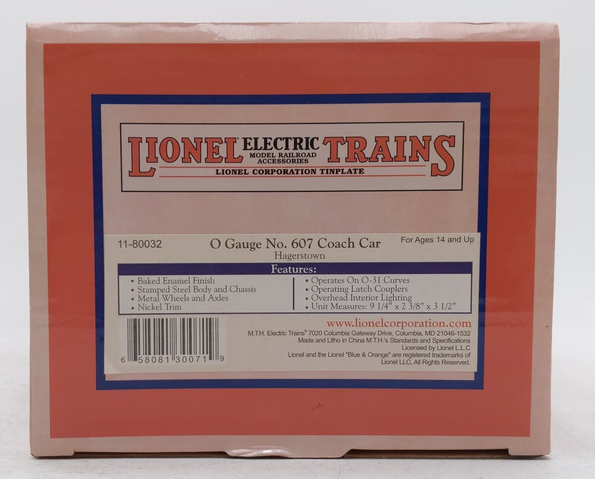 Lionel 11-80032 O Gauge Hagerstown Coach Car #607 LN/Box