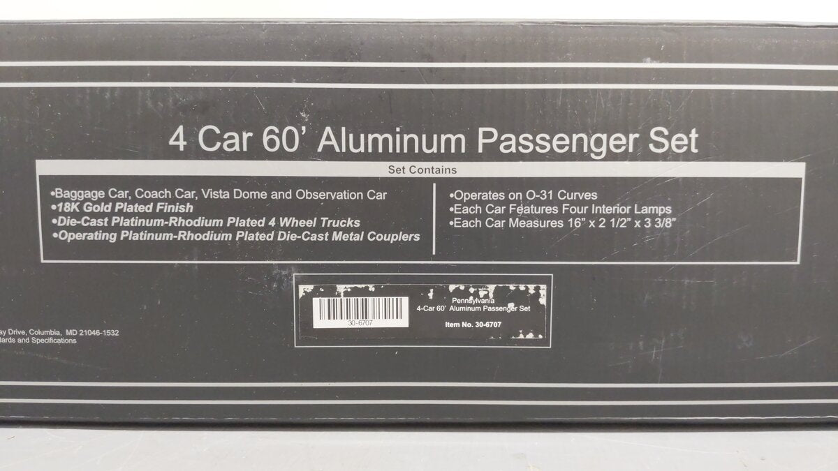MTH 30-6707 O PRR 60' 18K Gold Plated Aluminum Passenger Car Set (Set of 4) EX/Box