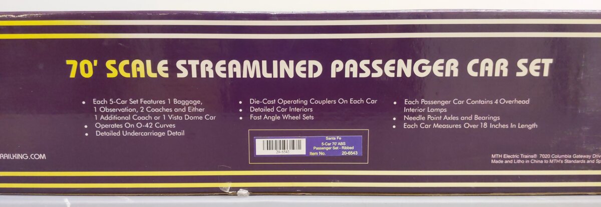 MTH 20-6543 O Santa Fe 70' Streamlined Passenger Car Set (Set of 5) EX/Box