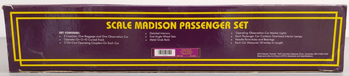 MTH 20-4021 O Gauge Jersey Central 70' Madison Passenger Car Set (Set of 5) EX/Box