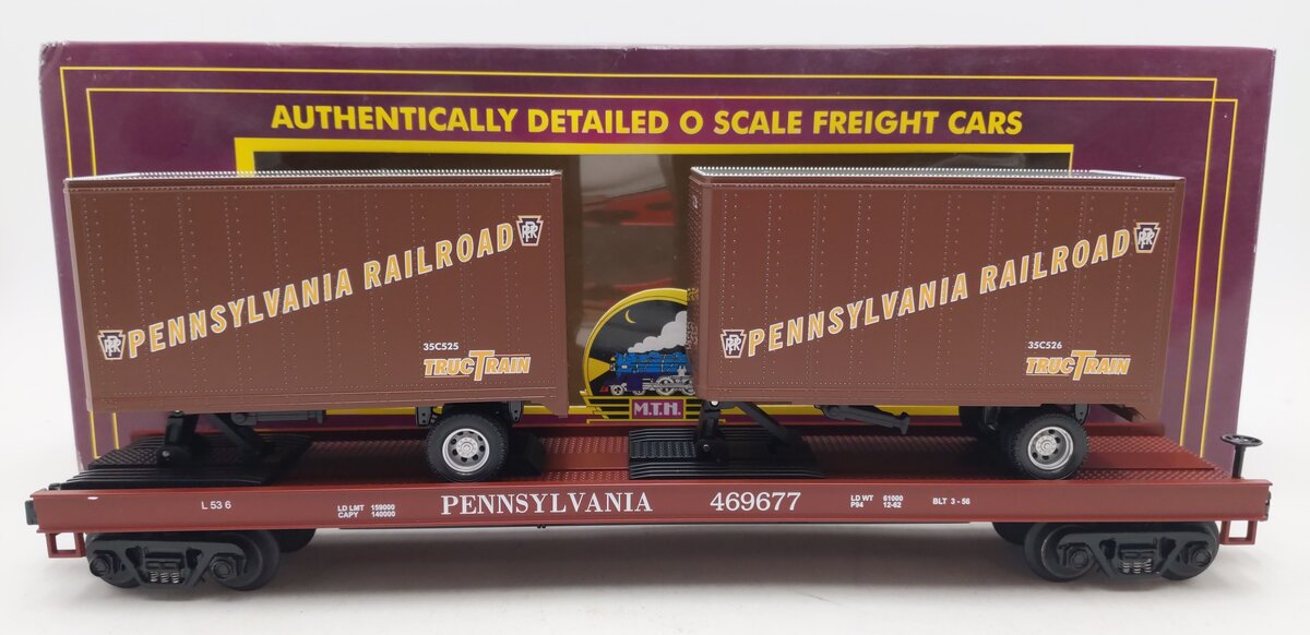 MTH 20-98104 O Gauge Pennsylvania Flatcar #469677 with Pennsylvania Trailers LN/Box