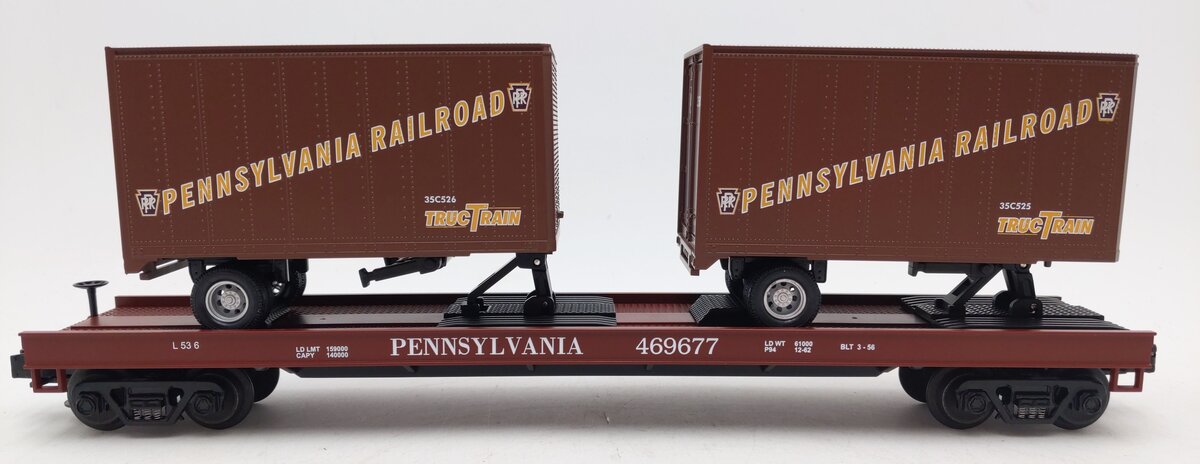 MTH 20-98104 O Gauge Pennsylvania Flatcar #469677 with Pennsylvania Trailers LN/Box