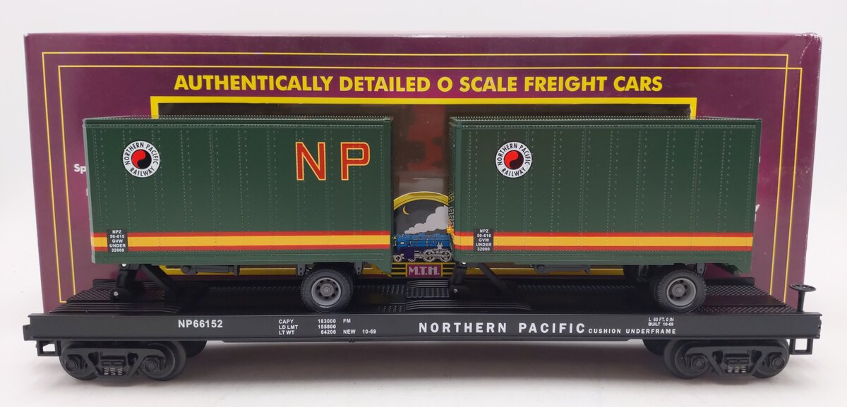 MTH 20-98105 Northern Pacific Flatcar with 2 Short NP Trailers #66152 EX/Box