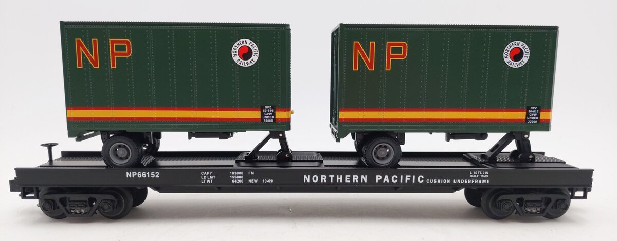 MTH 20-98105 Northern Pacific Flatcar with 2 Short NP Trailers #66152 EX/Box