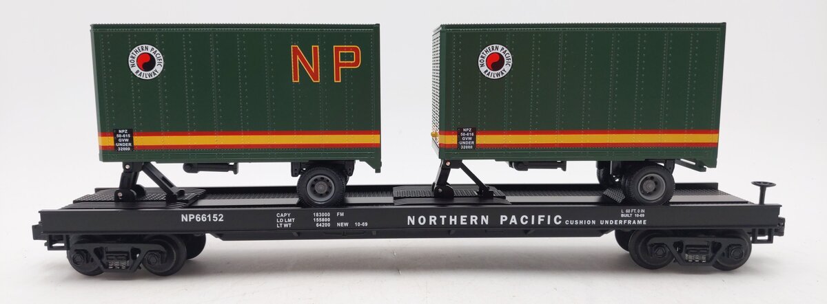 MTH 20-98105 Northern Pacific Flatcar with 2 Short NP Trailers #66152 EX/Box