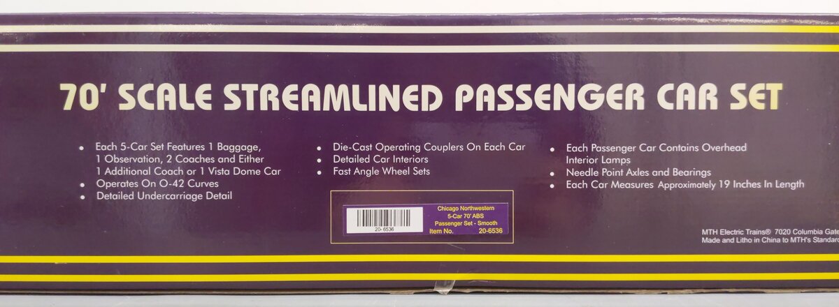 MTH 20-6536 O Gauge Chicago North Western 70' Streamlined Passenger Car Set EX/Box