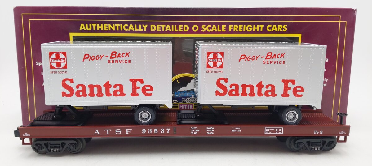 MTH 20-98111 Santa Fe Flatcar with 2 Santa Fe Trailers EX/Box