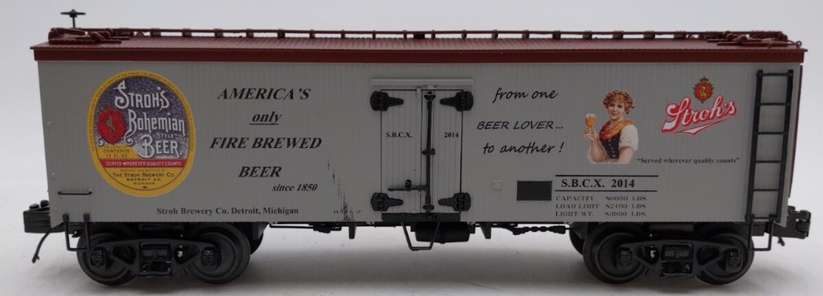 MTH 20-94539 O Gauge Stroh’s Beer 36’ Woodsided Reefer Car #2014 EX/Box