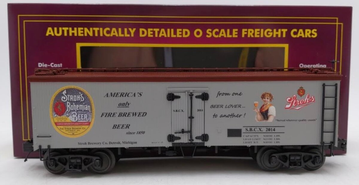 MTH 20-94539 O Gauge Stroh’s Beer 36’ Woodsided Reefer Car #2014 EX/Box