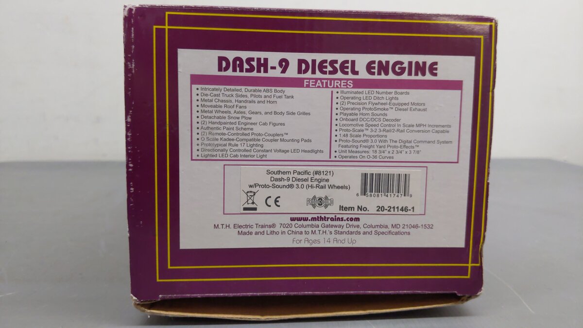 MTH 20-21146-1 O Southern Pacific Dash-9 Diesel Engine #8121 w/PS3 EX/Box