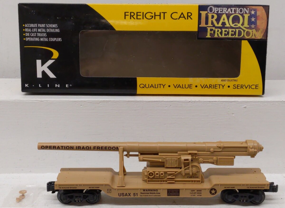 K-Line K662-8020 O Operation Iraqi Freedom US Army Cannon Mounted on Flat Car EX/Box