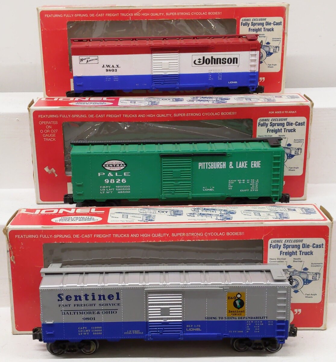 Lionel O Gauge Assorted Boxcars 6-9803, 6-9801, 6-9826 [3] VG/Box