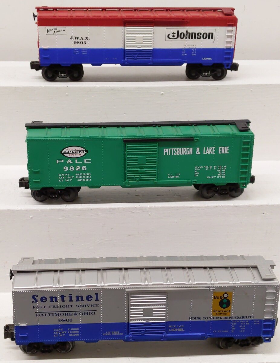 Lionel O Gauge Assorted Boxcars 6-9803, 6-9801, 6-9826 [3] VG/Box