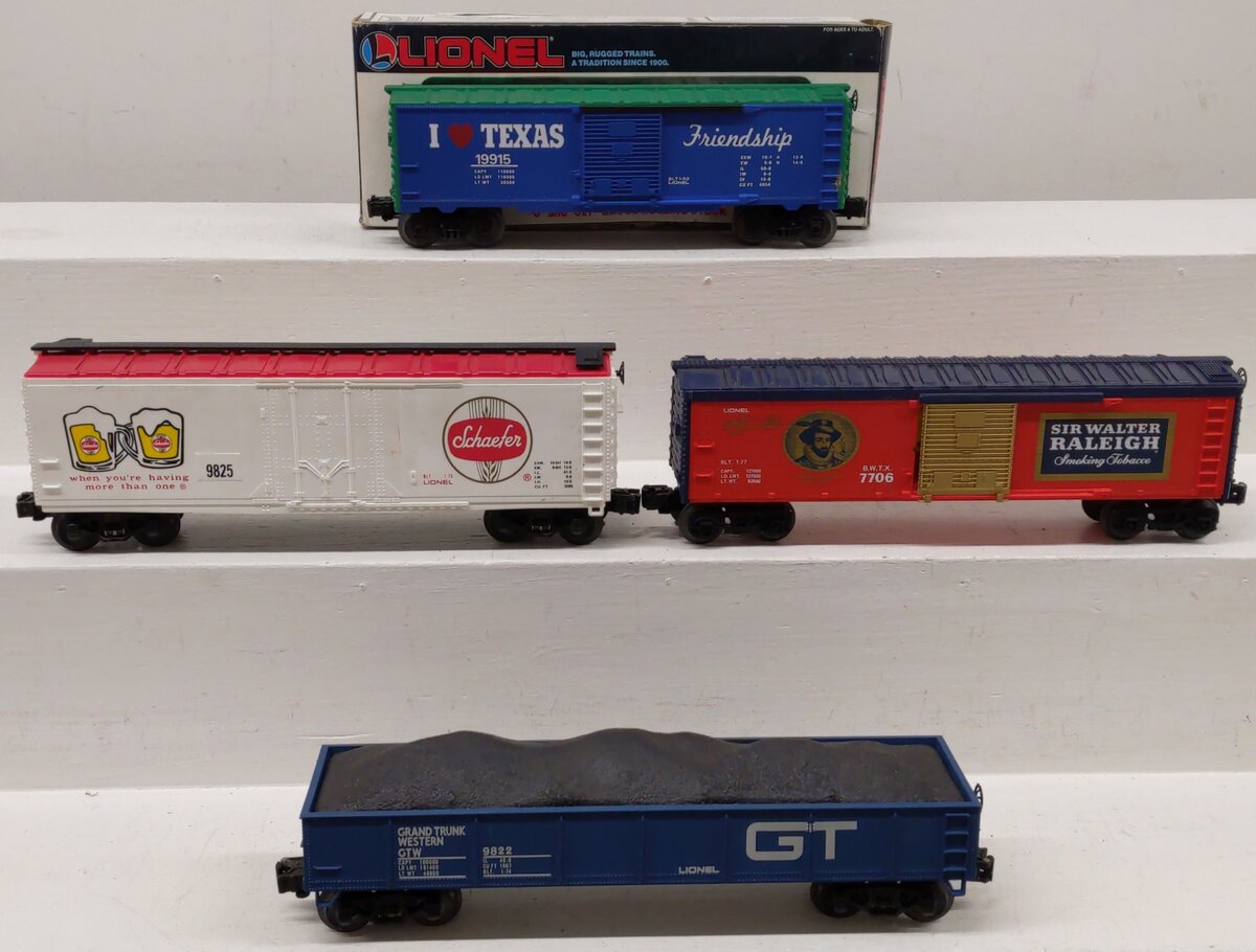 Lionel O Gauge Assorted Freight Cars 6-7706, 6-19915, 6-9822, 6-9825 [4] EX